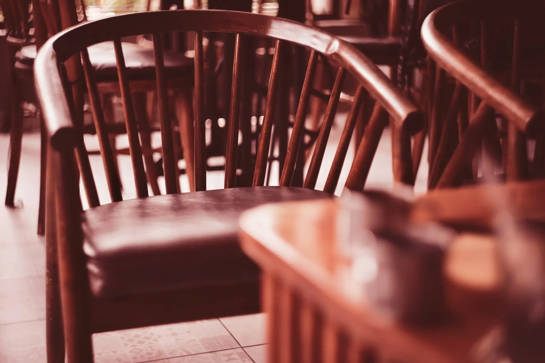 Des chaises de bistrot en bois cintré autour des tables de la salle, lumière du jour rasante